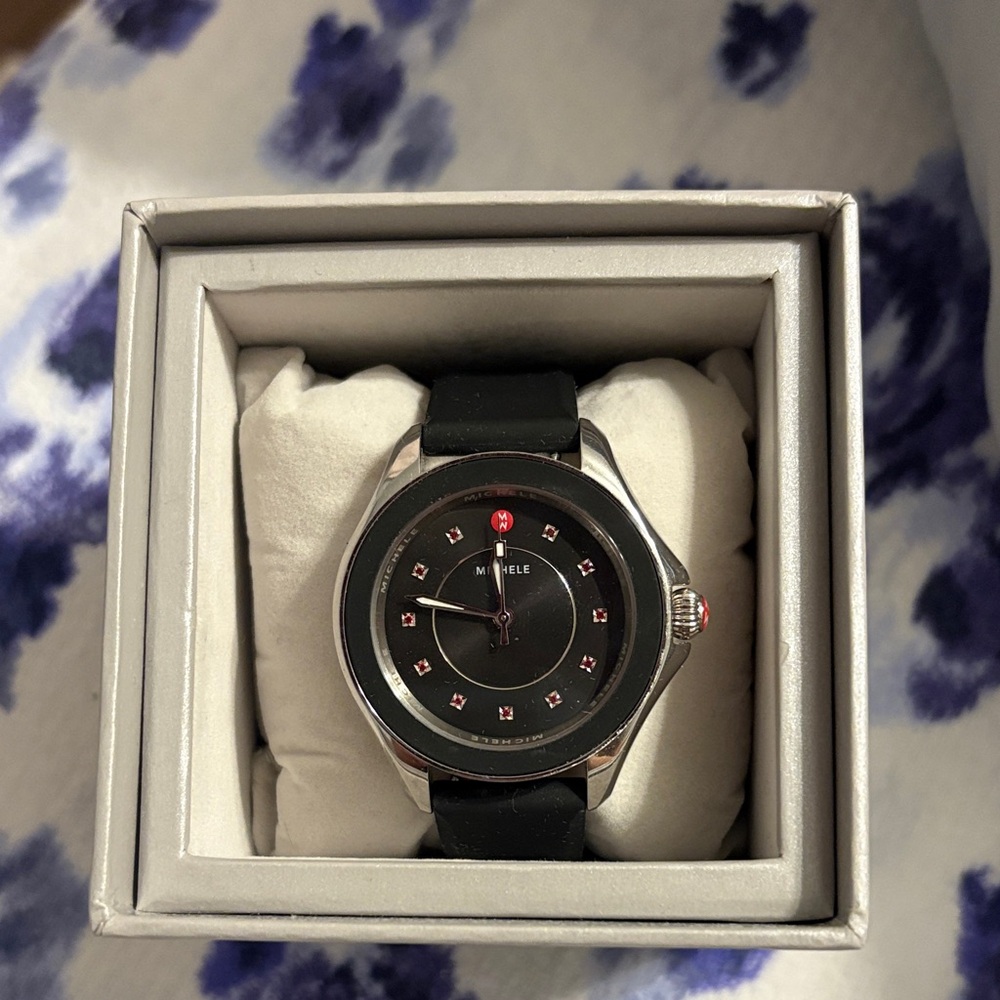 Michele Black and Silver Watch with Red Accents